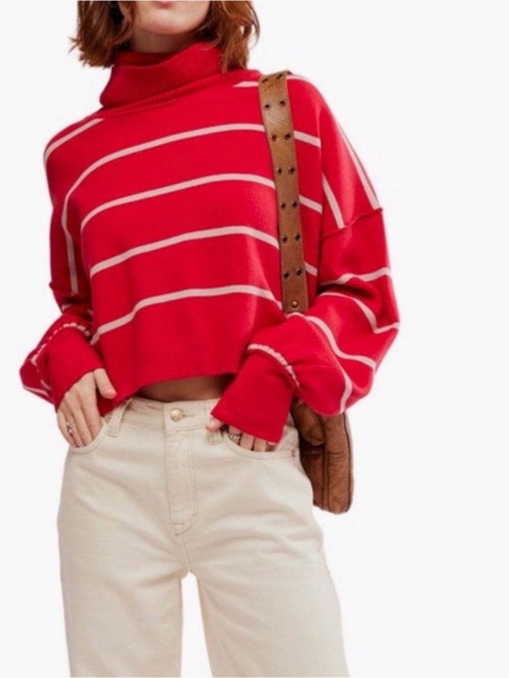 Free People Paulie Red Stripe Turtleneck Sweater Cherry Mushroom combo size M